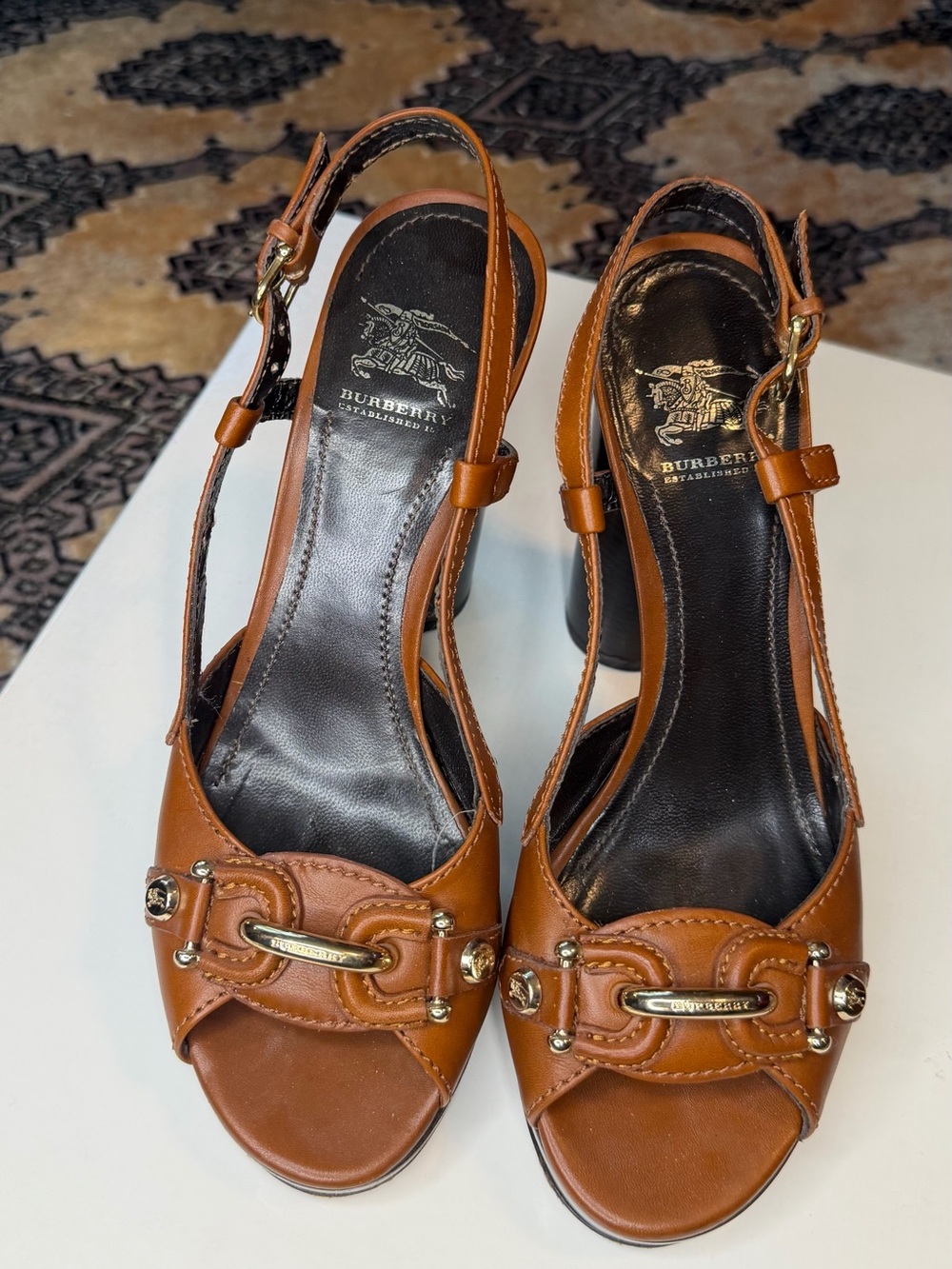 Burberry Tan Leather Open-Toe Slingback Heels with Gold Hardware